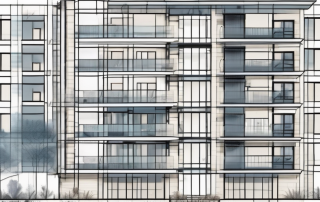 A multi-story apartment building with a blueprint overlay