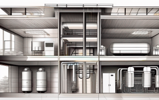 An old building with a cutaway view revealing a modern heat pump system
