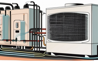 A heat pump with a schematic diagram showing the process of heating and cooling