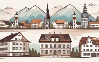 A bavarian landscape with various types of buildings