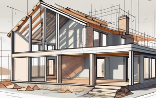 A house under construction with visible cost tags on various parts like the roof