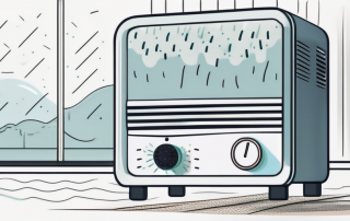 A dehumidifier in a room with visible moisture in the air