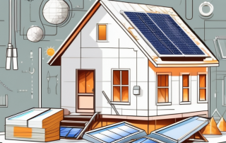 A house under renovation with visible insulation materials and energy-saving installations like solar panels