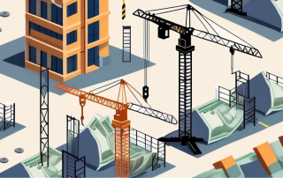 A construction site with various elements such as cranes