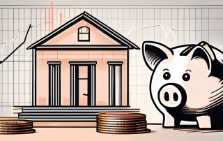 A building under construction with a piggy bank and a financial chart in the background