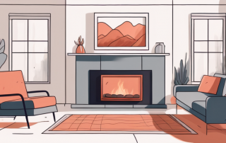 A cozy living room with a wall-mounted thermostat showing a comfortable temperature