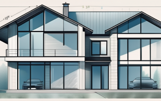 A modern new build house with a blueprint in the background