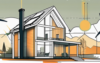 A house under construction with visible insulation materials and renewable energy sources like solar panels and wind turbines