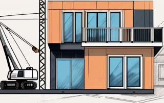 A modern prefabricated house with a price tag hanging from it