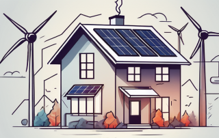 A house surrounded by various energy-saving symbols like a wind turbine