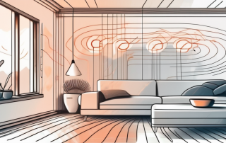 A smart home interior showcasing a floor heating system with visible heat waves and a digital thermostat on the wall