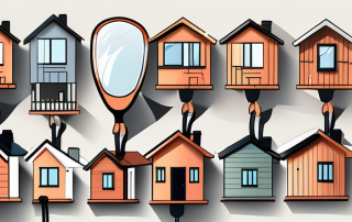 A variety of different styled prefabricated houses with price tags hanging off them