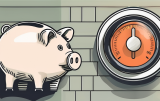 A thermostat mounted on a wall with a savings piggy bank next to it