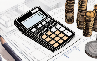 A blueprint with a calculator and a pile of coins