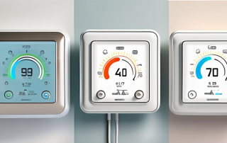 Several different types of smart thermostats displayed on a sleek