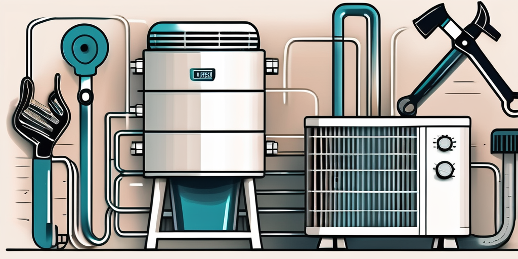 A heat pump system with various tools around it