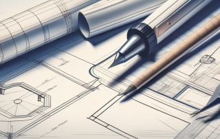 An architect's drafting table with a blueprint