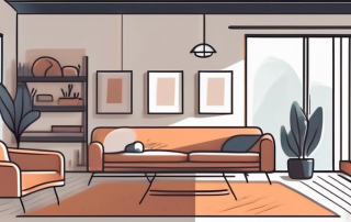 A cozy living room with a visible thermostat showing an ideal temperature