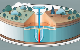 A cross-section of the earth showing a groundwater source with a heat pump system installed