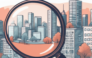 A magnifying glass hovering over a cityscape