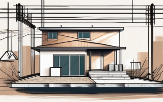 A bungalow under construction with various building materials around it