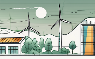 A german building with an energy efficiency rating chart and sustainable energy sources like solar panels and wind turbines