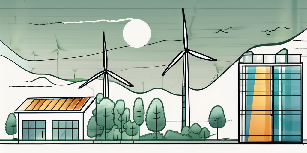 A german building with an energy efficiency rating chart and sustainable energy sources like solar panels and wind turbines