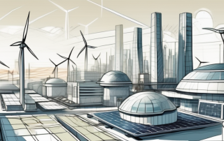 A futuristic cityscape with buildings equipped with solar panels