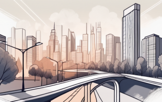 A cityscape with various types of infrastructure like buildings