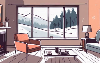 A cozy living room with a thermostat showing a comfortable temperature