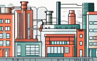 A cityscape with various buildings connected by underground pipes
