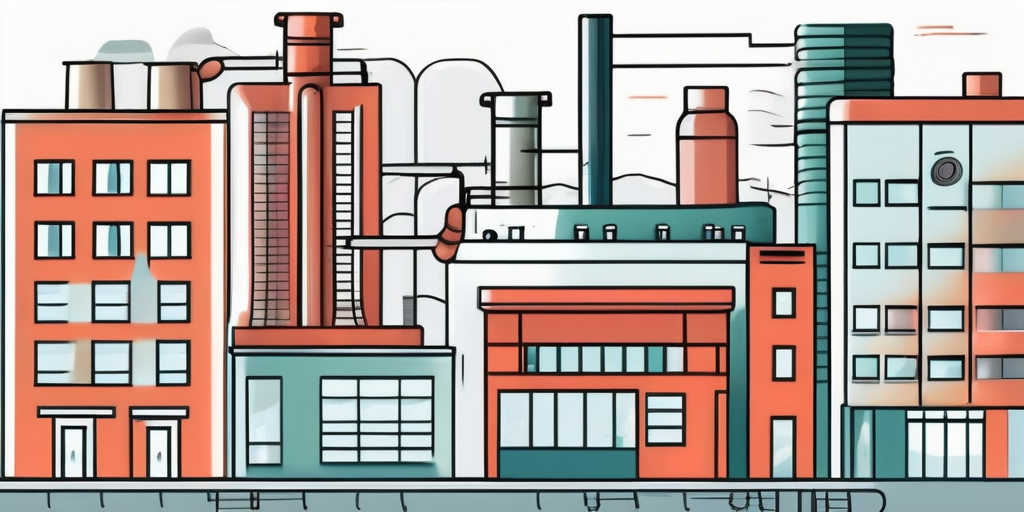 A cityscape with various buildings connected by underground pipes