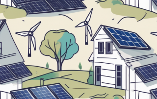 A house with various energy sources like solar panels and wind turbines