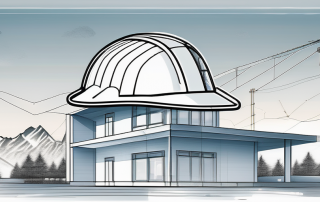 A blueprint of a building with a construction helmet and a ruler