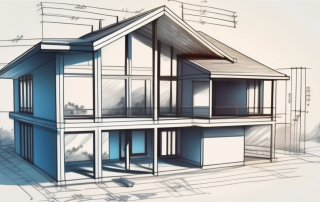 A house under construction with blueprints and a calculator
