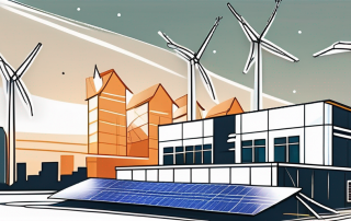 A renovated building with solar panels on the roof and wind turbines in the background