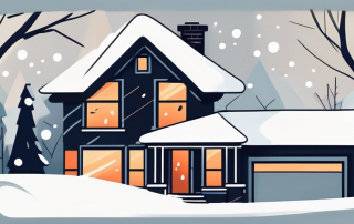 A house covered in snow with visible cold air coming out of the chimney