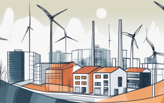 A german cityscape with various elements like wind turbines