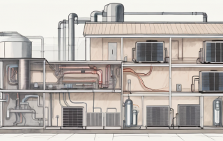 An old building with a cutaway view showing a water-air heat pump system inside