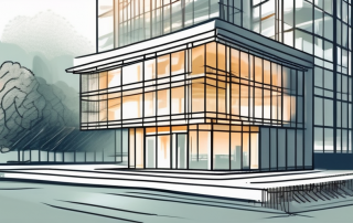 A german finance office building with a symbolic coin or banknote flowing out of it