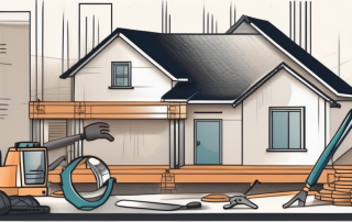 A house under construction with various tools and materials