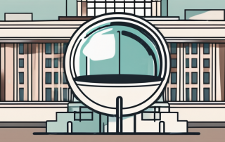 A government building with a large magnifying glass hovering over it