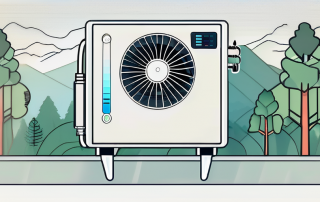 An air-to-water heat pump with a digital screen displaying a temperature of 65