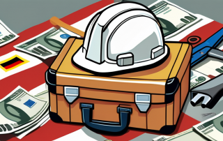 A german flag intertwined with various work tools such as a hard hat