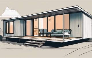 A fully-furnished bungalow style prefab house with a visible price tag