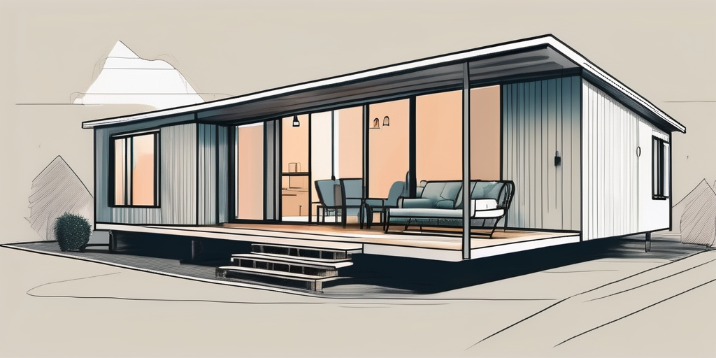 A fully-furnished bungalow style prefab house with a visible price tag