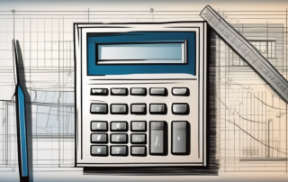 A blueprint of a building with a calculator and a ruler