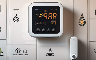 A modern smart home thermostat mounted on a wall