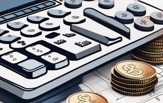 An architectural blueprint with a calculator and a pile of coins next to it