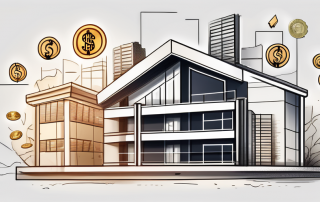 A newly constructed building with various financial symbols like currency notes